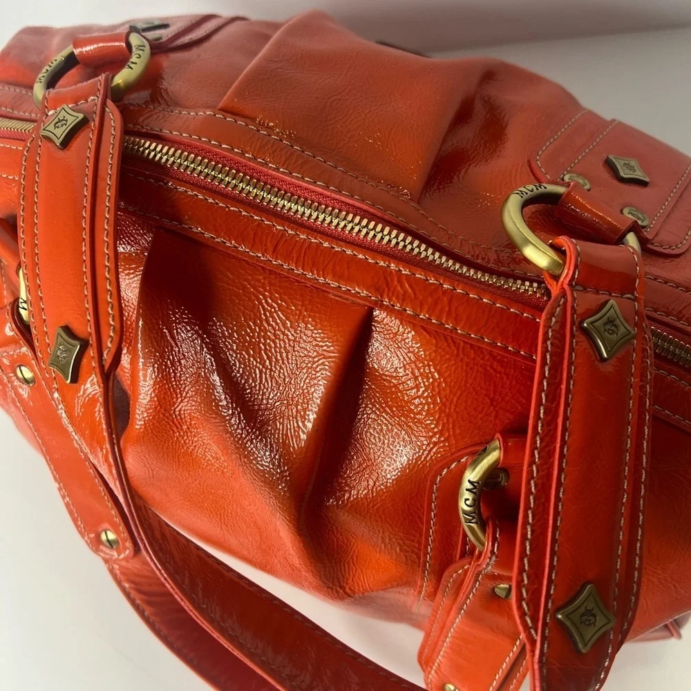 MCM Orange‎ Patent Leather Top Zipper Silver Studded Accent Satchel/Handbag 🧡